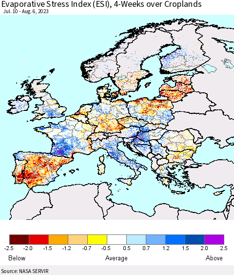 Europe Evaporative Stress Index (ESI), 4-Weeks over Croplands Thematic Map For 7/31/2023 - 8/6/2023