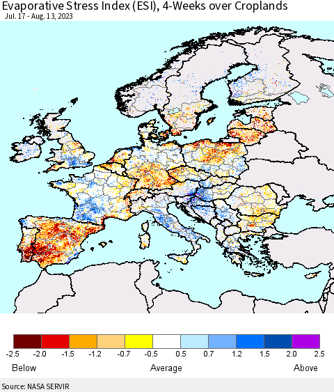 Europe Evaporative Stress Index (ESI), 4-Weeks over Croplands Thematic Map For 8/7/2023 - 8/13/2023