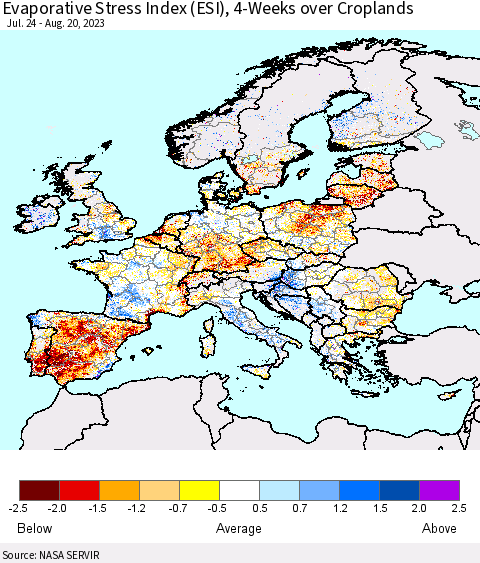 Europe Evaporative Stress Index (ESI), 4-Weeks over Croplands Thematic Map For 8/14/2023 - 8/20/2023