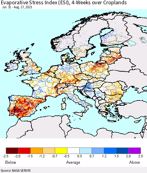 Europe Evaporative Stress Index (ESI), 4-Weeks over Croplands Thematic Map For 8/21/2023 - 8/27/2023