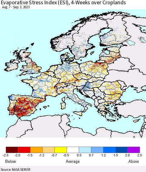 Europe Evaporative Stress Index (ESI), 4-Weeks over Croplands Thematic Map For 8/28/2023 - 9/3/2023