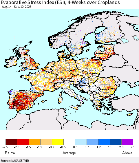 Europe Evaporative Stress Index (ESI), 4-Weeks over Croplands Thematic Map For 9/4/2023 - 9/10/2023