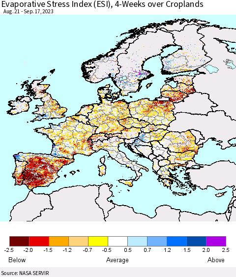 Europe Evaporative Stress Index (ESI), 4-Weeks over Croplands Thematic Map For 9/11/2023 - 9/17/2023