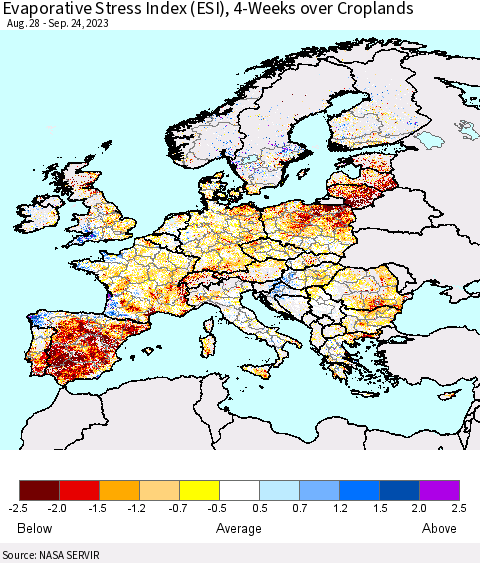 Europe Evaporative Stress Index (ESI), 4-Weeks over Croplands Thematic Map For 9/18/2023 - 9/24/2023
