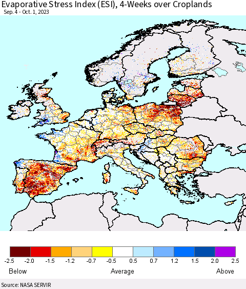 Europe Evaporative Stress Index (ESI), 4-Weeks over Croplands Thematic Map For 9/25/2023 - 10/1/2023
