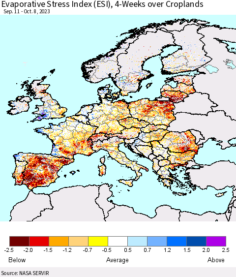 Europe Evaporative Stress Index (ESI), 4-Weeks over Croplands Thematic Map For 10/2/2023 - 10/8/2023