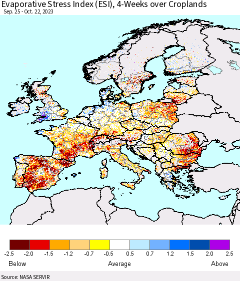 Europe Evaporative Stress Index (ESI), 4-Weeks over Croplands Thematic Map For 10/16/2023 - 10/22/2023