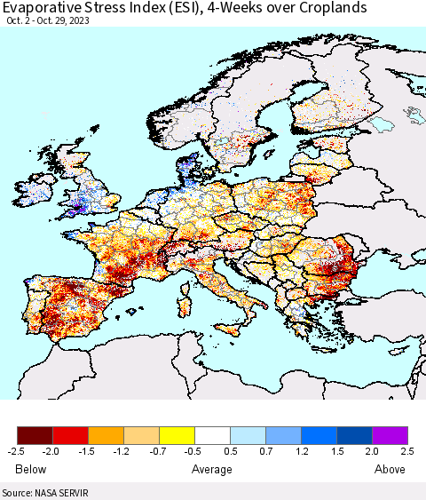 Europe Evaporative Stress Index (ESI), 4-Weeks over Croplands Thematic Map For 10/23/2023 - 10/29/2023