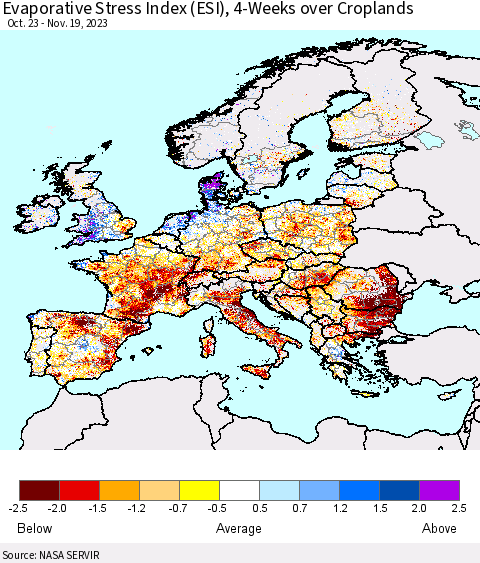 Europe Evaporative Stress Index (ESI), 4-Weeks over Croplands Thematic Map For 11/13/2023 - 11/19/2023