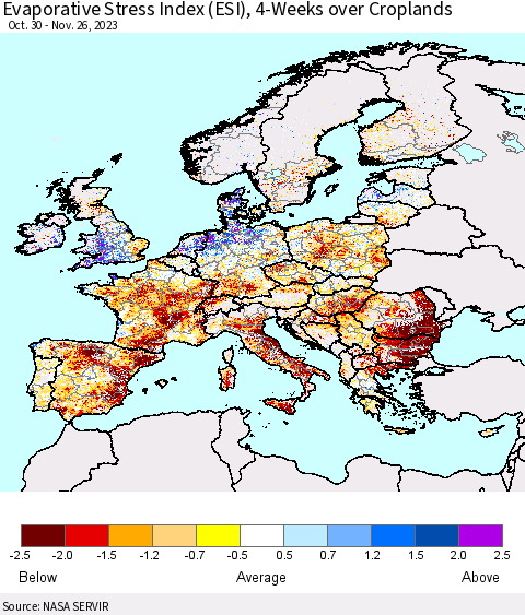 Europe Evaporative Stress Index (ESI), 4-Weeks over Croplands Thematic Map For 11/20/2023 - 11/26/2023