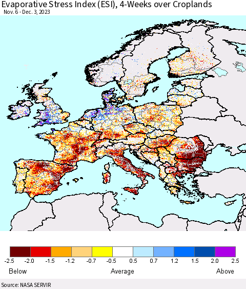 Europe Evaporative Stress Index (ESI), 4-Weeks over Croplands Thematic Map For 11/27/2023 - 12/3/2023