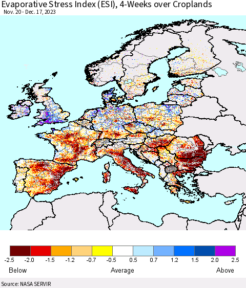 Europe Evaporative Stress Index (ESI), 4-Weeks over Croplands Thematic Map For 12/11/2023 - 12/17/2023