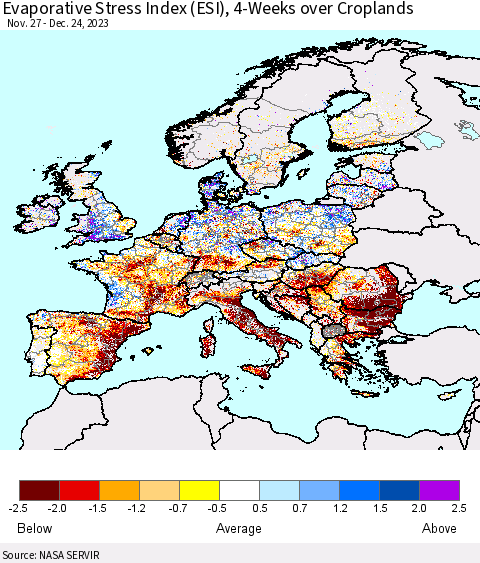 Europe Evaporative Stress Index (ESI), 4-Weeks over Croplands Thematic Map For 12/18/2023 - 12/24/2023