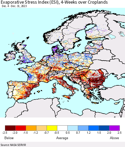 Europe Evaporative Stress Index (ESI), 4-Weeks over Croplands Thematic Map For 12/25/2023 - 12/31/2023