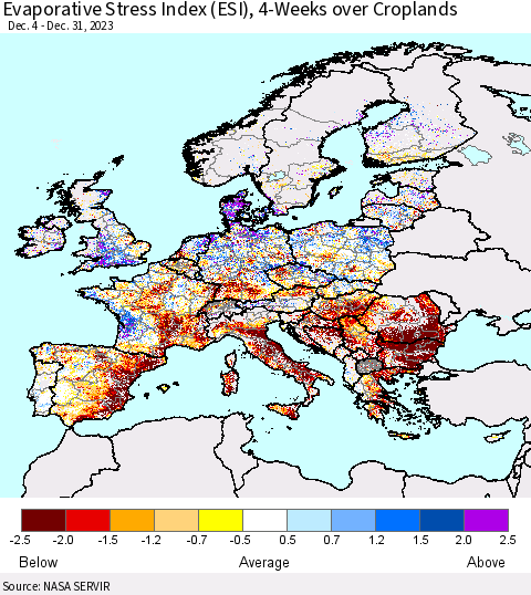 Europe Evaporative Stress Index (ESI), 4-Weeks over Croplands Thematic Map For 1/1/2024 - 1/7/2024