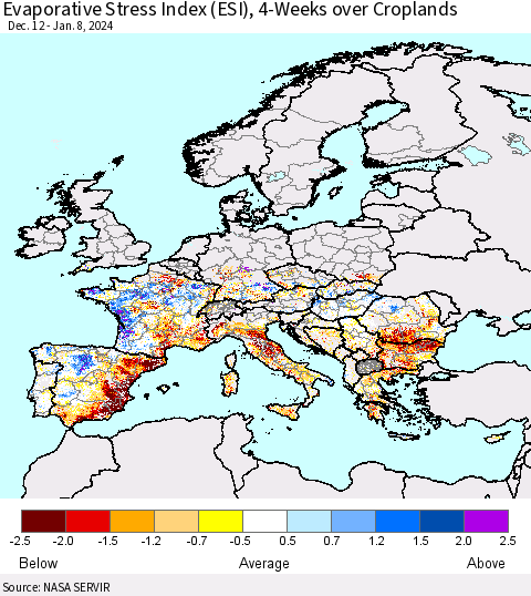 Europe Evaporative Stress Index (ESI), 4-Weeks over Croplands Thematic Map For 1/8/2024 - 1/14/2024