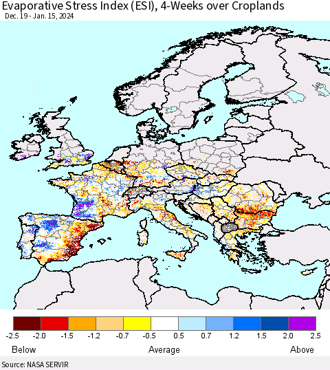 Europe Evaporative Stress Index (ESI), 4-Weeks over Croplands Thematic Map For 1/15/2024 - 1/21/2024