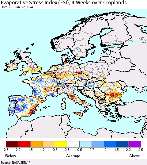 Europe Evaporative Stress Index (ESI), 4-Weeks over Croplands Thematic Map For 1/22/2024 - 1/28/2024