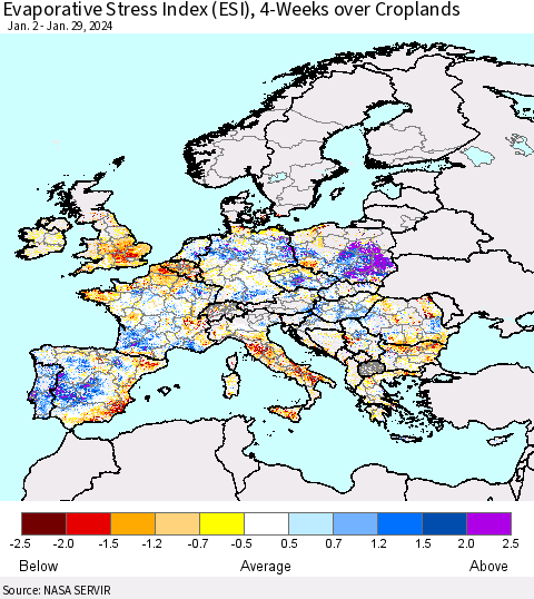 Europe Evaporative Stress Index (ESI), 4-Weeks over Croplands Thematic Map For 1/29/2024 - 2/4/2024