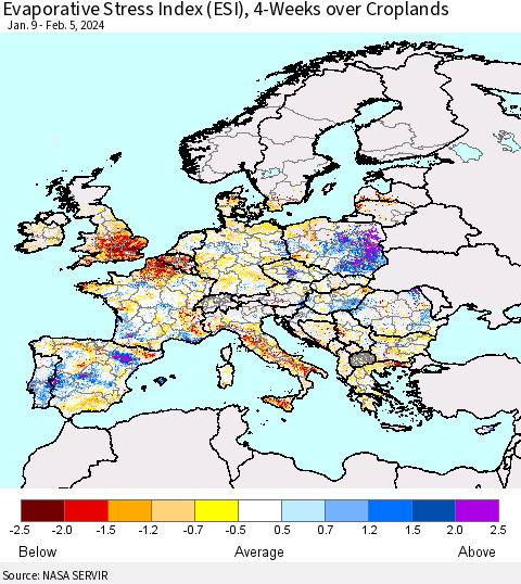 Europe Evaporative Stress Index (ESI), 4-Weeks over Croplands Thematic Map For 2/5/2024 - 2/11/2024