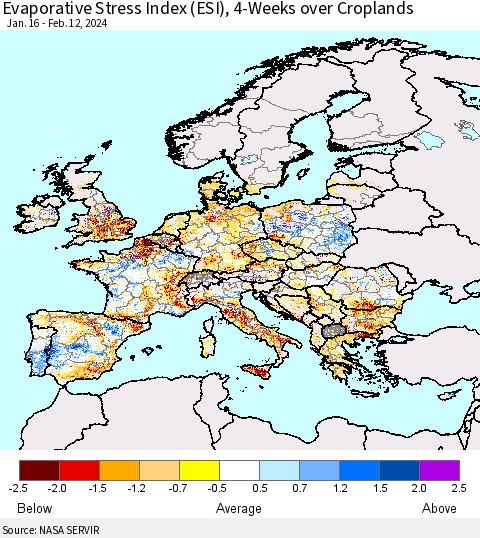 Europe Evaporative Stress Index (ESI), 4-Weeks over Croplands Thematic Map For 2/12/2024 - 2/18/2024