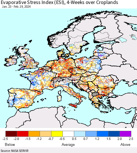 Europe Evaporative Stress Index (ESI), 4-Weeks over Croplands Thematic Map For 2/19/2024 - 2/25/2024