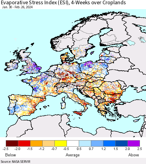 Europe Evaporative Stress Index (ESI), 4-Weeks over Croplands Thematic Map For 2/26/2024 - 3/3/2024