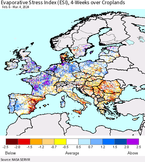 Europe Evaporative Stress Index (ESI), 4-Weeks over Croplands Thematic Map For 3/4/2024 - 3/10/2024