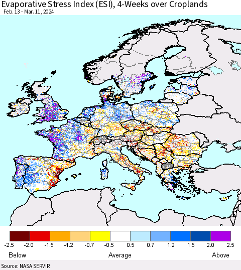 Europe Evaporative Stress Index (ESI), 4-Weeks over Croplands Thematic Map For 3/11/2024 - 3/17/2024