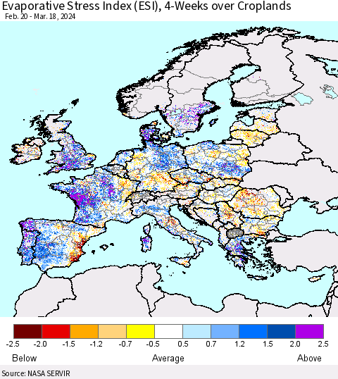 Europe Evaporative Stress Index (ESI), 4-Weeks over Croplands Thematic Map For 3/18/2024 - 3/24/2024