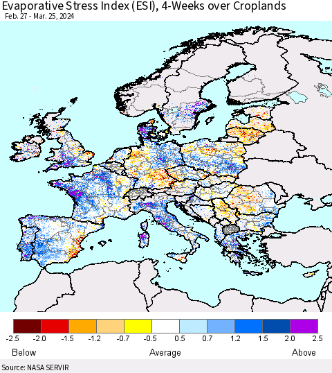Europe Evaporative Stress Index (ESI), 4-Weeks over Croplands Thematic Map For 3/25/2024 - 3/31/2024