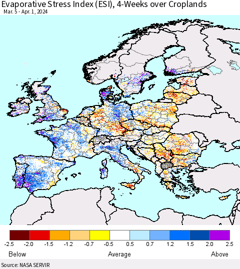 Europe Evaporative Stress Index (ESI), 4-Weeks over Croplands Thematic Map For 4/1/2024 - 4/7/2024