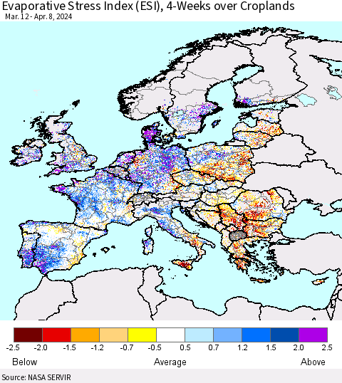 Europe Evaporative Stress Index (ESI), 4-Weeks over Croplands Thematic Map For 4/8/2024 - 4/14/2024