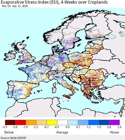 Europe Evaporative Stress Index (ESI), 4-Weeks over Croplands Thematic Map For 4/15/2024 - 4/21/2024