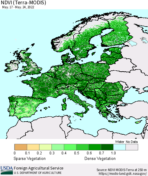 Europe NDVI (Terra-MODIS) Thematic Map For 5/21/2022 - 5/31/2022