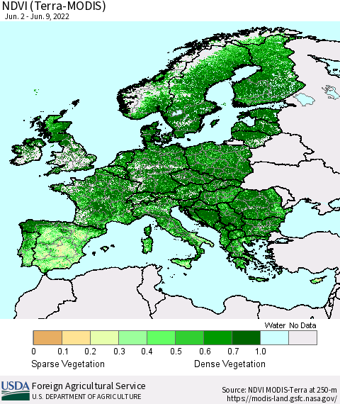Europe NDVI (Terra-MODIS) Thematic Map For 6/1/2022 - 6/10/2022