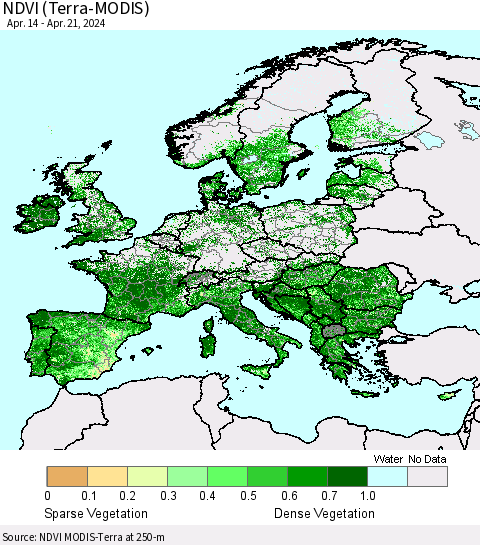 Europe NDVI (Terra-MODIS) Thematic Map For 4/14/2024 - 4/21/2024
