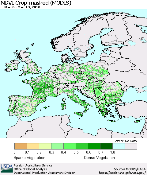 Europe Cropland NDVI (Terra-MODIS) Thematic Map For 3/11/2018 - 3/20/2018