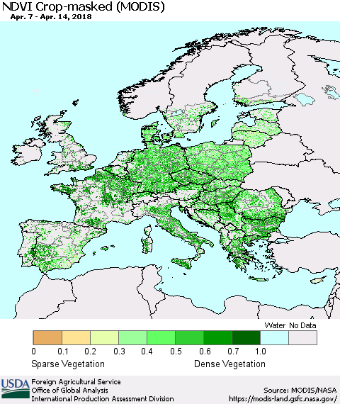 Europe Cropland NDVI (Terra-MODIS) Thematic Map For 4/11/2018 - 4/20/2018