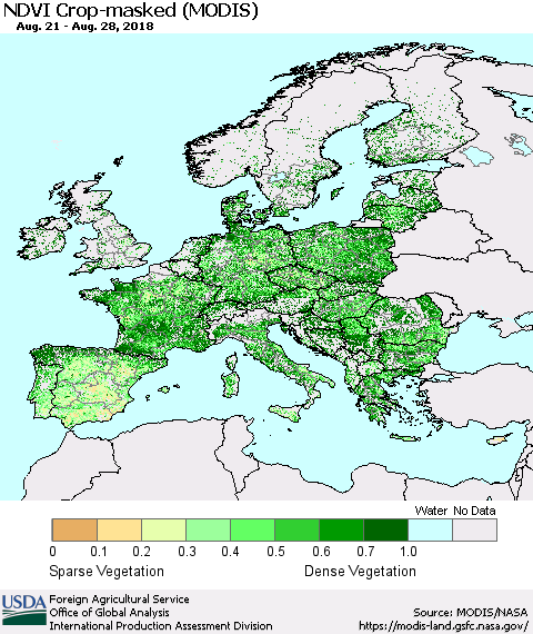 Europe Cropland NDVI (Terra-MODIS) Thematic Map For 8/21/2018 - 8/31/2018