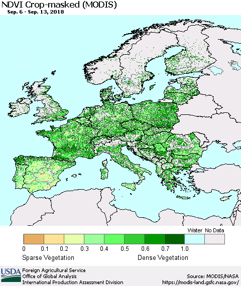 Europe Cropland NDVI (Terra-MODIS) Thematic Map For 9/11/2018 - 9/20/2018