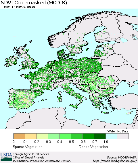 Europe Cropland NDVI (Terra-MODIS) Thematic Map For 11/1/2018 - 11/10/2018