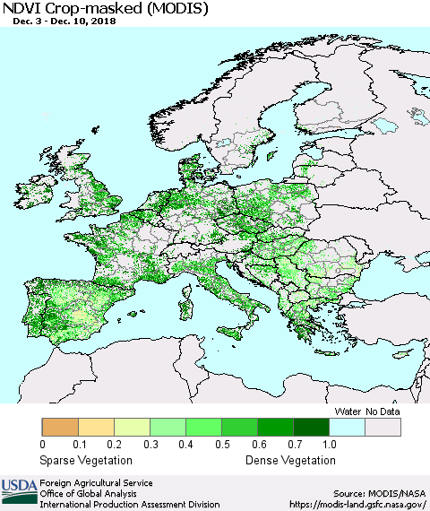 Europe Cropland NDVI (Terra-MODIS) Thematic Map For 12/1/2018 - 12/10/2018