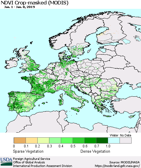 Europe Cropland NDVI (Terra-MODIS) Thematic Map For 1/1/2019 - 1/10/2019