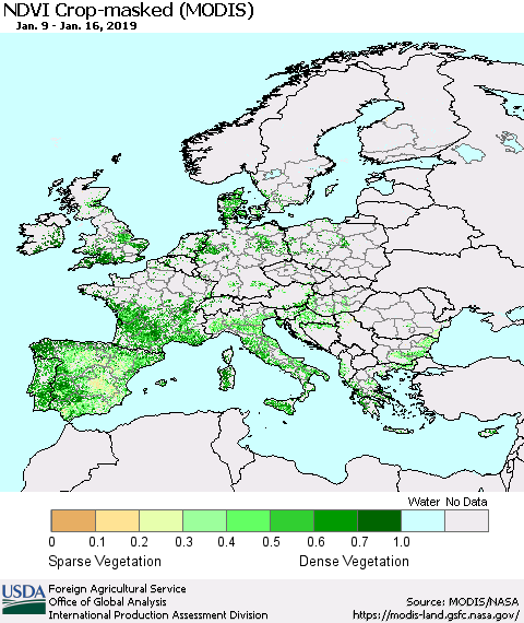 Europe Cropland NDVI (Terra-MODIS) Thematic Map For 1/11/2019 - 1/20/2019