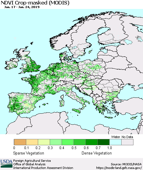 Europe Cropland NDVI (Terra-MODIS) Thematic Map For 1/21/2019 - 1/31/2019