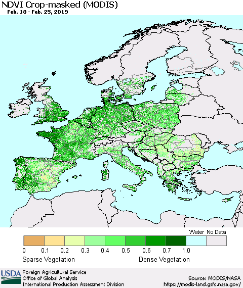 Europe Cropland NDVI (Terra-MODIS) Thematic Map For 2/21/2019 - 2/28/2019