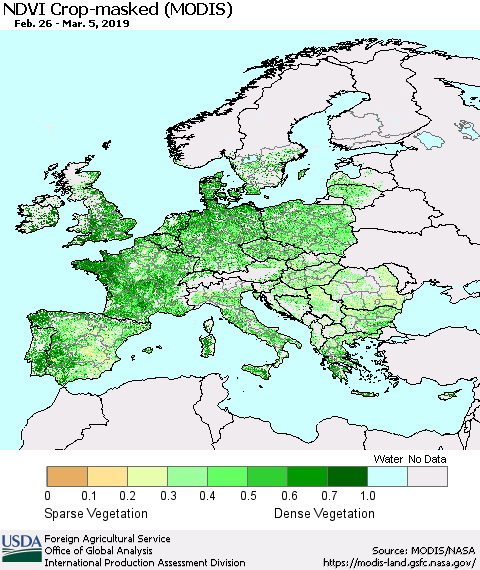 Europe Cropland NDVI (Terra-MODIS) Thematic Map For 3/1/2019 - 3/10/2019