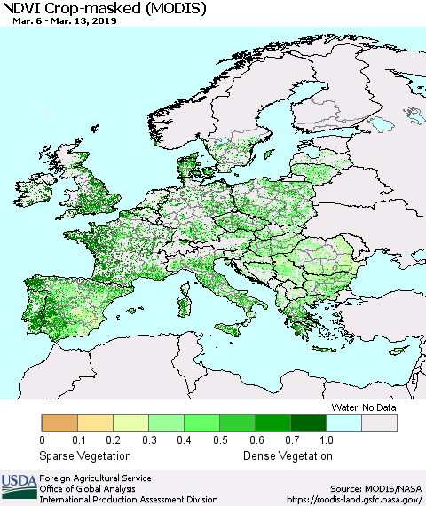 Europe Cropland NDVI (Terra-MODIS) Thematic Map For 3/11/2019 - 3/20/2019