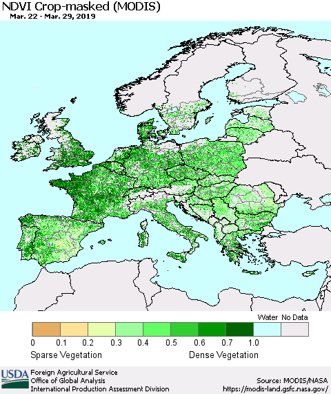 Europe Cropland NDVI (Terra-MODIS) Thematic Map For 3/21/2019 - 3/31/2019